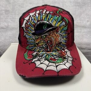 Don Ed Hardy Trucker Hat Mens Snap back Red Embroidered Distressed Tattoo Y2K